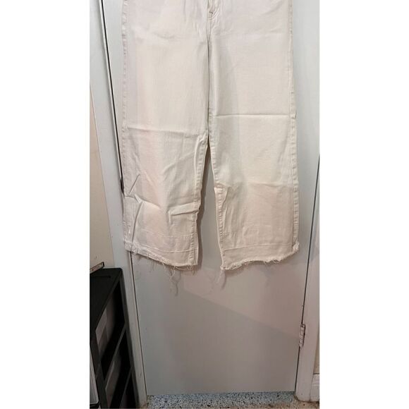& Denim Women's High Waist Raw Cut Wide Leg Crop Pants White Light Wash Size 31 - Picture 3 of 12